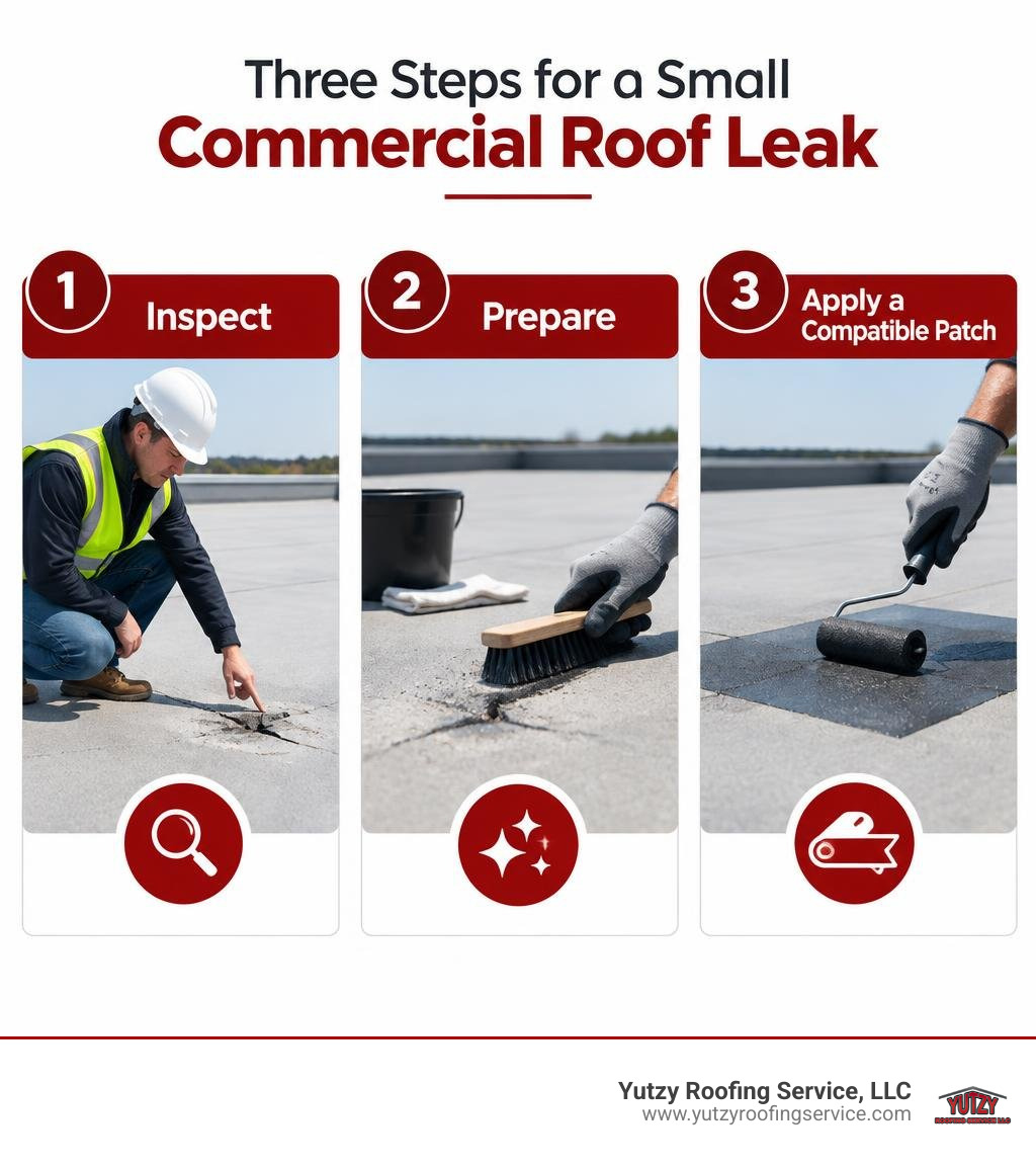 Three steps for a small commercial roof leak: inspect, prepare, and apply a compatible patch infographic Three steps for a small commercial roof leak: inspect, prepare, and apply a compatible patch infographic