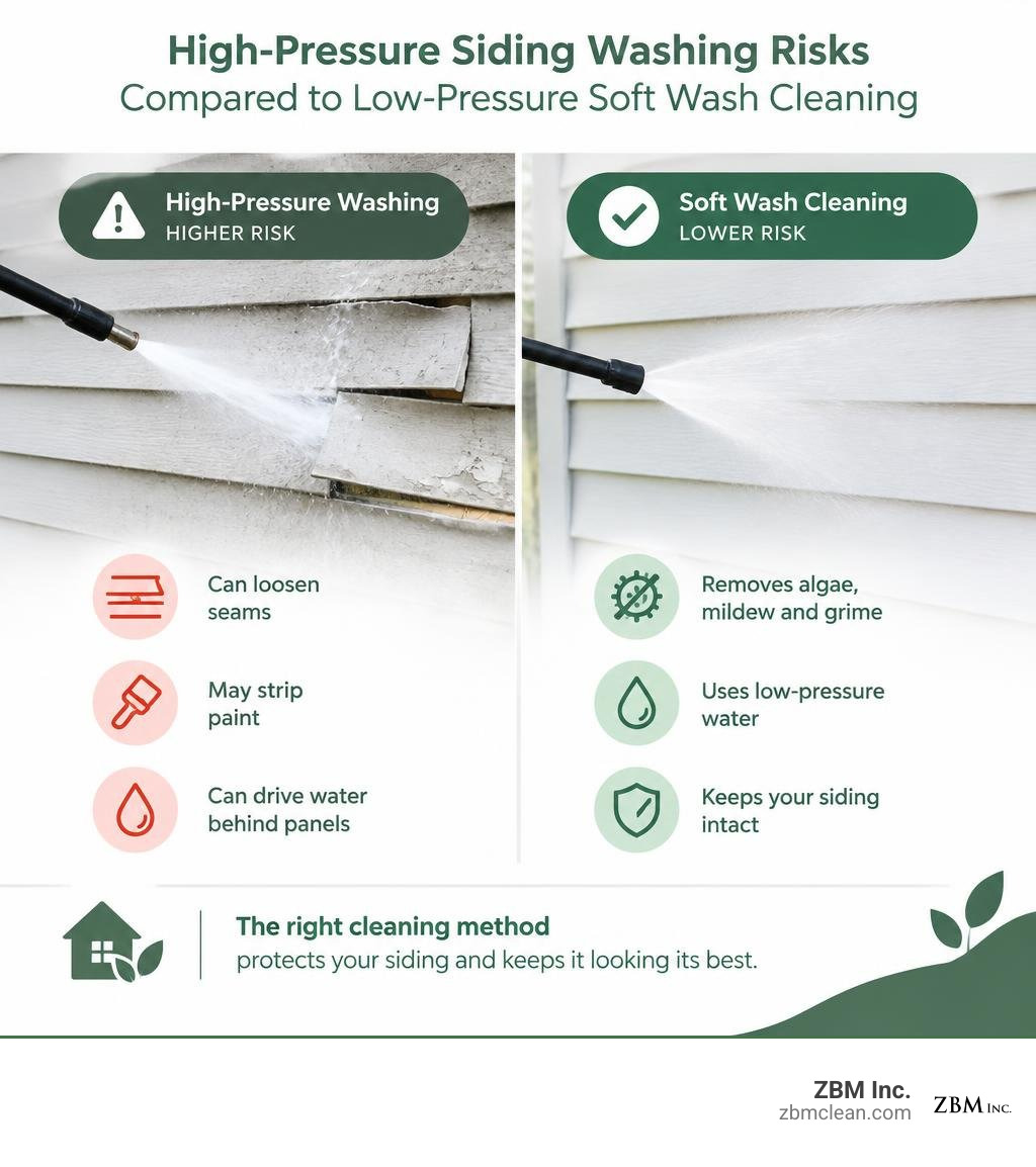 High-pressure siding washing risks compared with low-pressure soft wash cleaning infographic High-pressure siding washing risks compared with low-pressure soft wash cleaning infographic