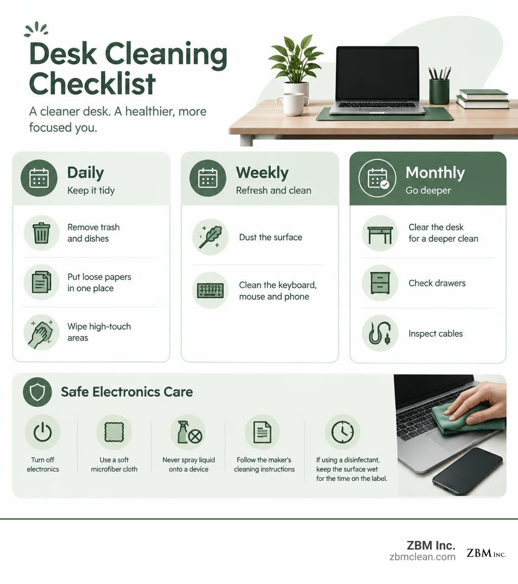 Desk cleaning checklist showing daily, weekly, and monthly tasks and safe electronics care infographic Desk cleaning checklist showing daily, weekly, and monthly tasks and safe electronics care infographic