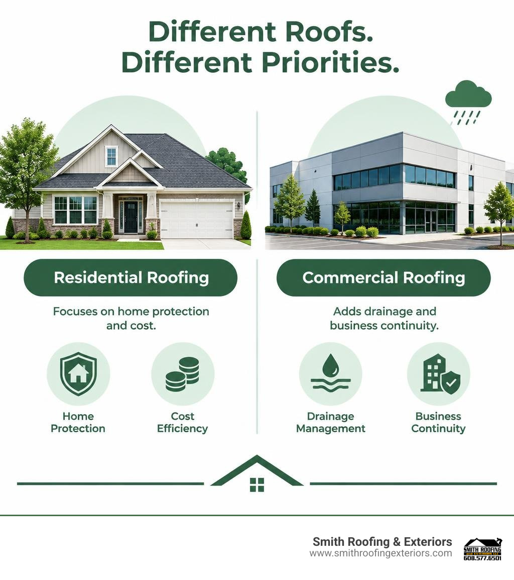 Residential roofing focuses on home protection and cost; commercial roofing adds drainage and business continuity infographic Residential roofing focuses on home protection and cost; commercial roofing adds drainage and business continuity infographic