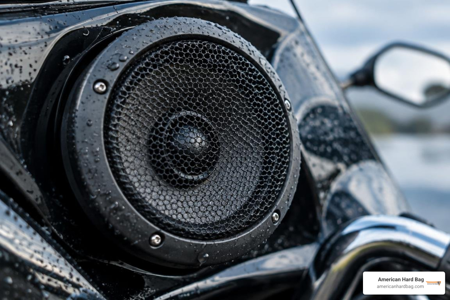Close-up of a rugged marine-grade weather-resistant motorcycle speaker cone