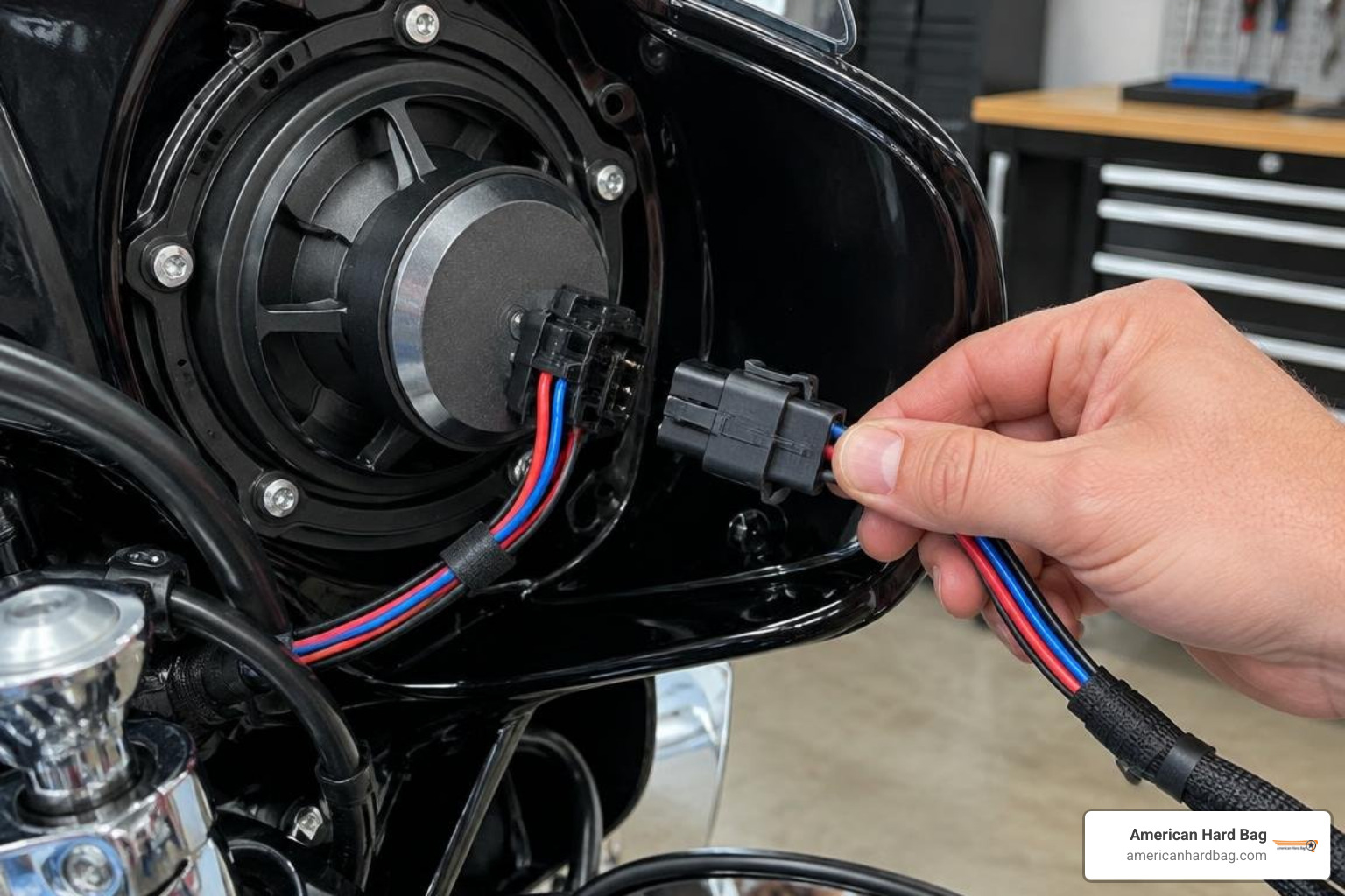 Motorcycle plug and play speaker wiring harness connection