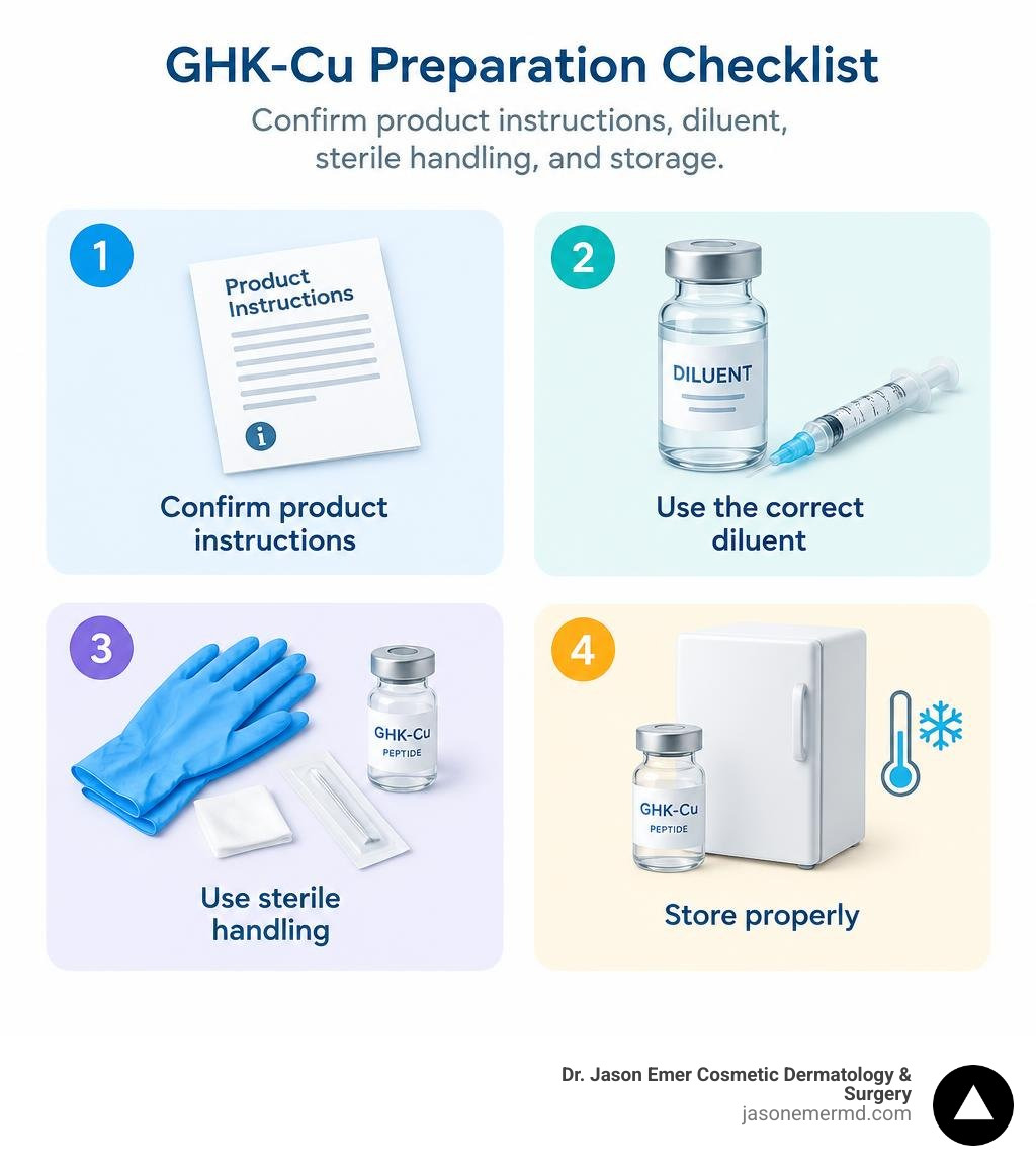 GHK-Cu preparation checklist: confirm product instructions, diluent, sterile handling, and storage infographic