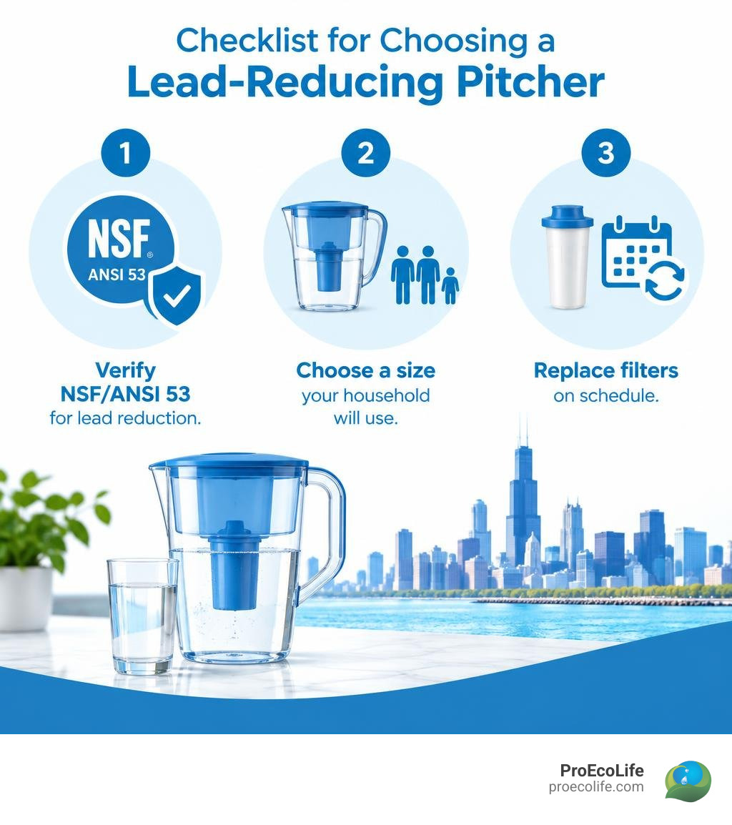 Checklist for choosing a lead-reducing pitcher: verify NSF/ANSI 53, choose a size, replace filters on schedule infographic