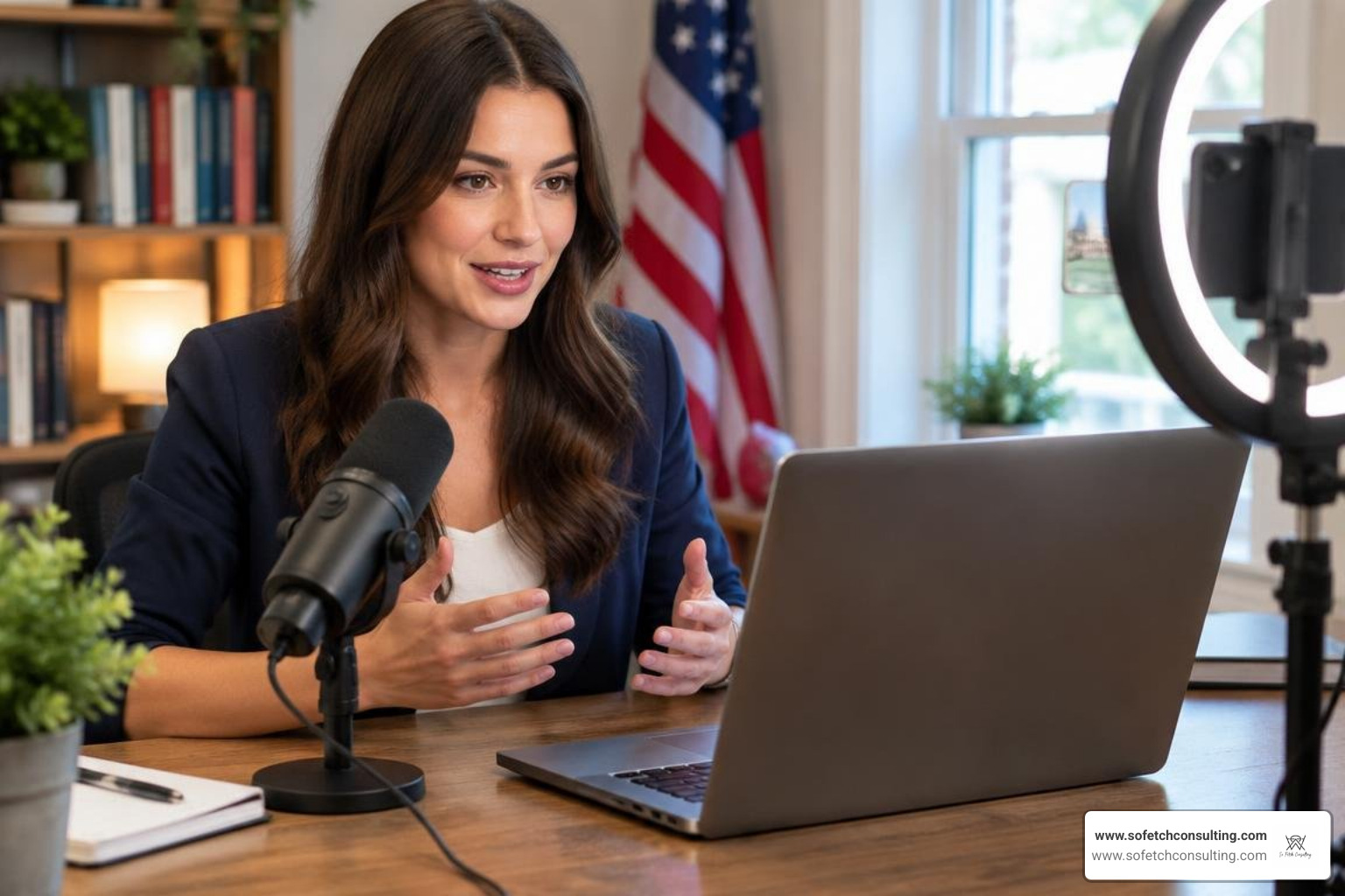 A political content creator streaming live policy commentary to an audience A political content creator streaming live policy commentary to an audience