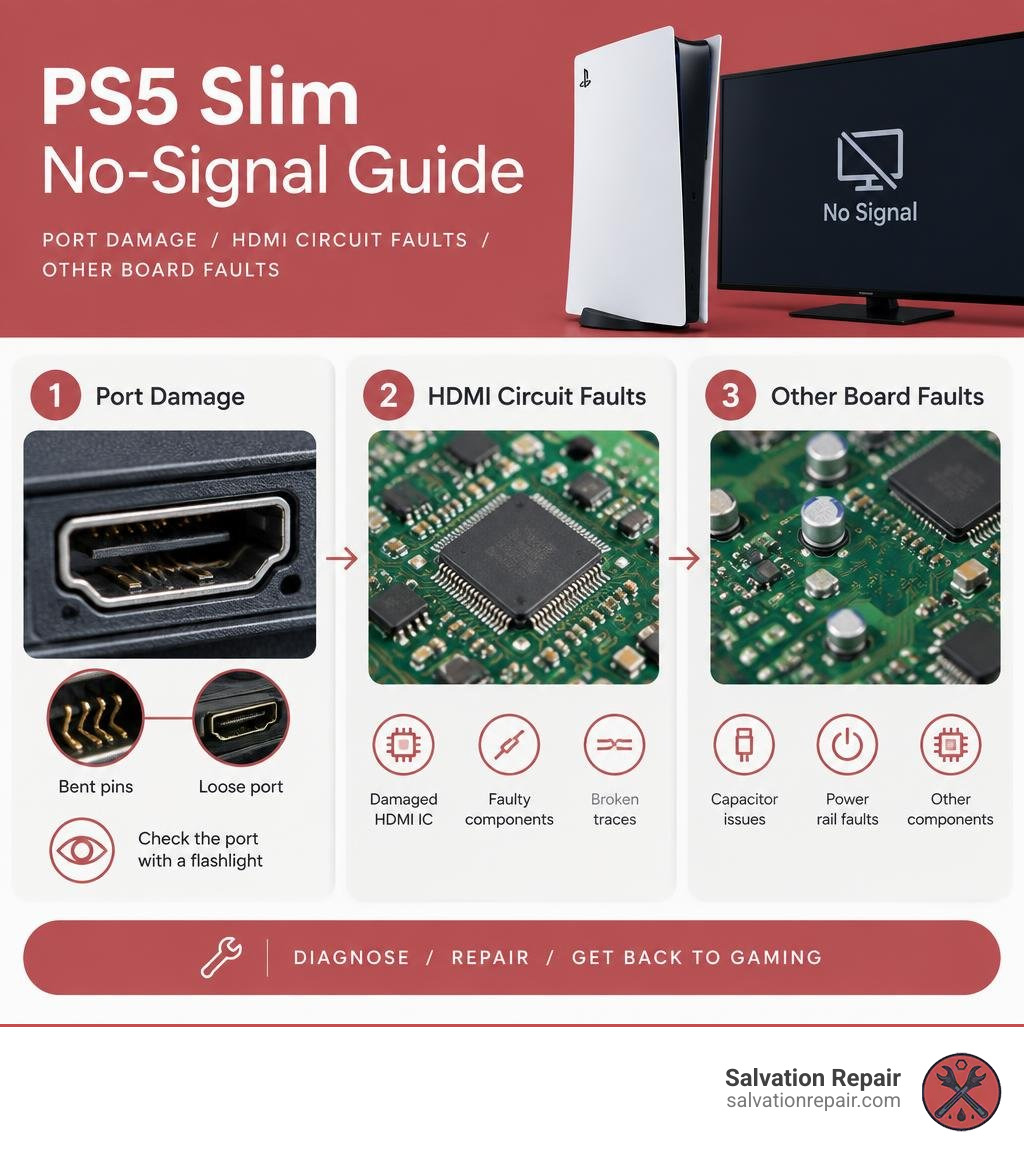 PS5 Slim no-signal guide showing port damage, HDMI circuit faults, and other board faults infographic PS5 Slim no-signal guide showing port damage, HDMI circuit faults, and other board faults infographic