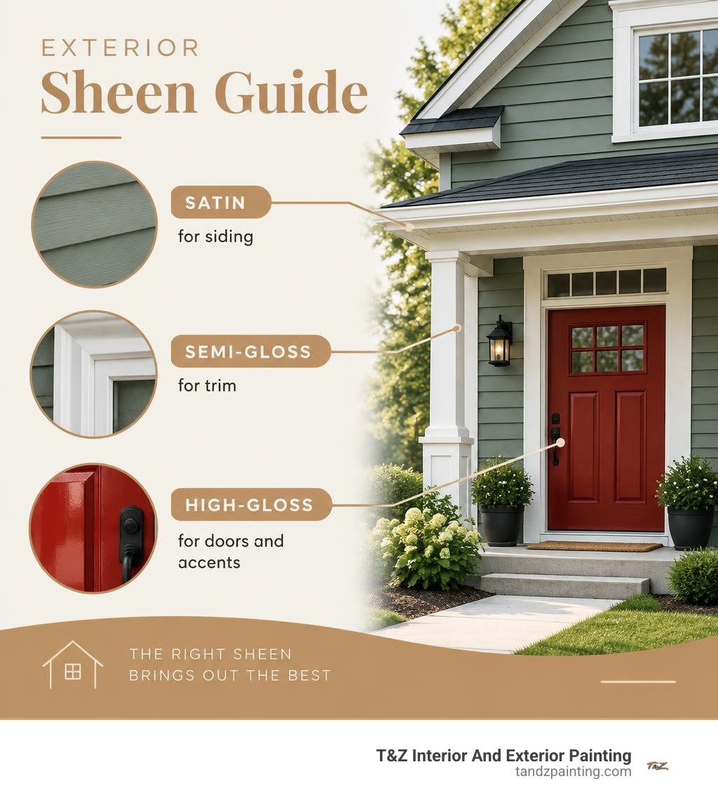 Exterior sheen guide: satin for siding, semi-gloss for trim, high-gloss for doors and accents infographic