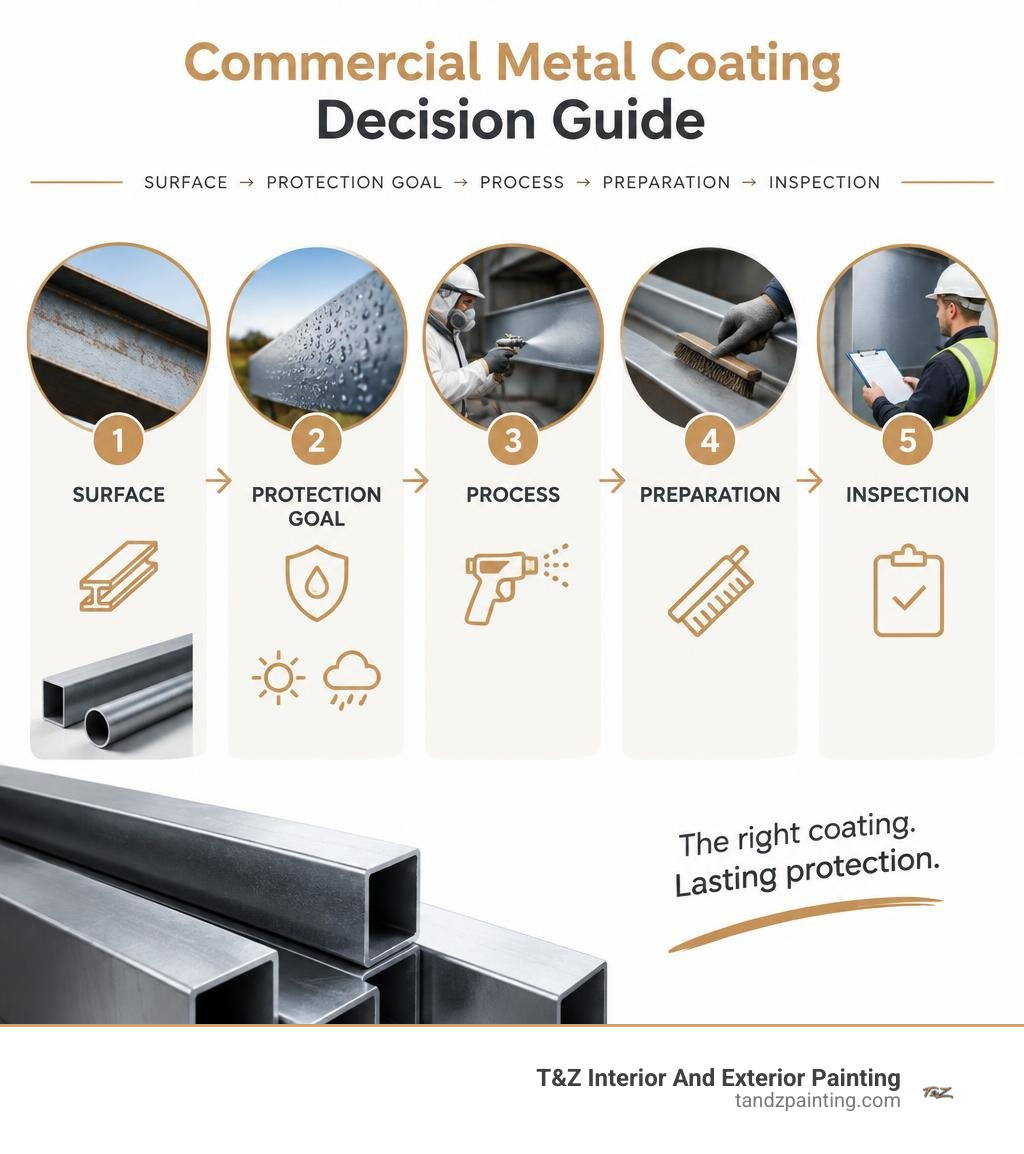 Commercial metal coating decision guide: surface, protection goal, process, preparation, inspection infographic Commercial metal coating decision guide: surface, protection goal, process, preparation, inspection infographic