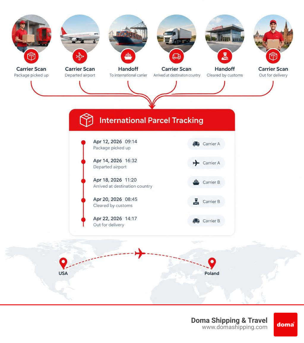 Infographic showing carrier scans and handoffs feeding one international parcel tracking timeline infographic Infographic showing carrier scans and handoffs feeding one international parcel tracking timeline infographic