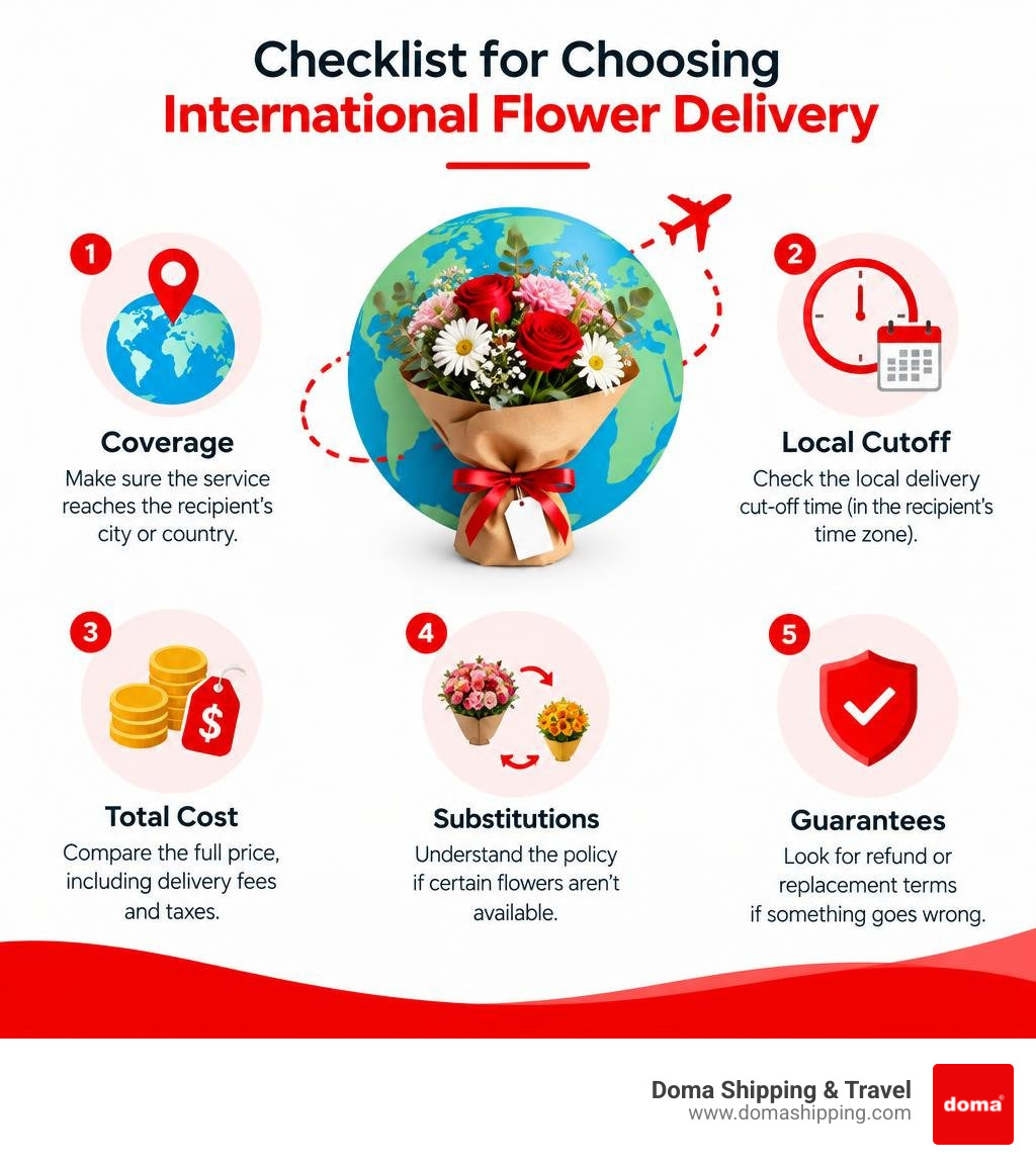 Checklist for choosing international flower delivery: coverage, local cutoff, service terms, substitutions, and guarantees