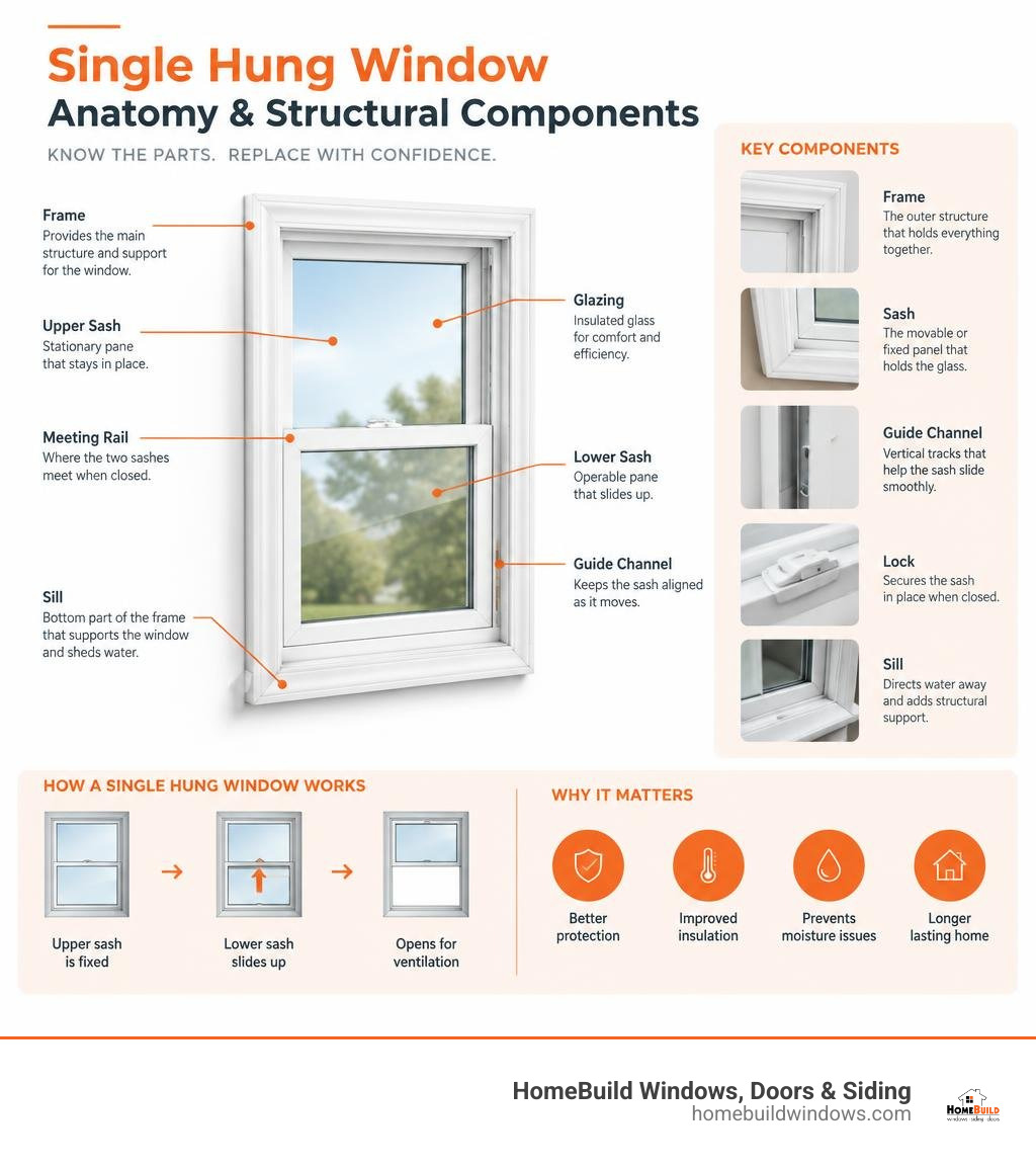 Overview of single hung window anatomy and structural components infographic