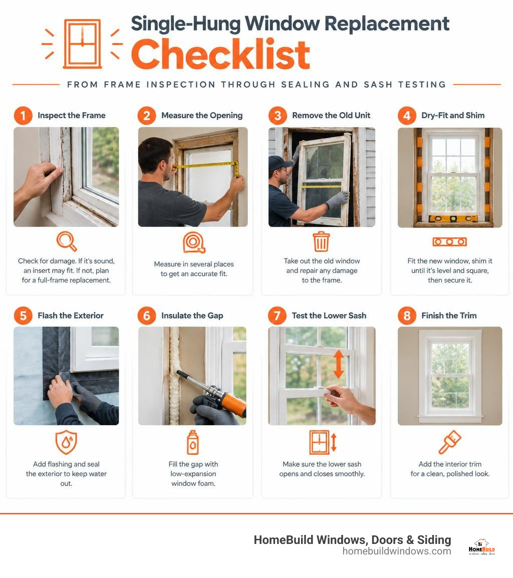 Single-hung window replacement checklist from frame inspection through sealing and sash testing infographic