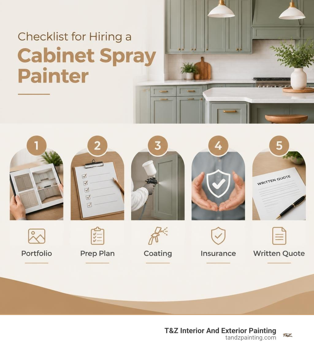 Checklist for hiring a cabinet spray painter: portfolio, prep plan, coating, insurance, and written quote infographic Checklist for hiring a cabinet spray painter: portfolio, prep plan, coating, insurance, and written quote infographic