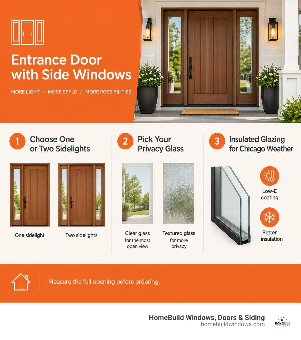 Entry door with one or two sidelights, privacy glass choices, and insulated glazing options infographic