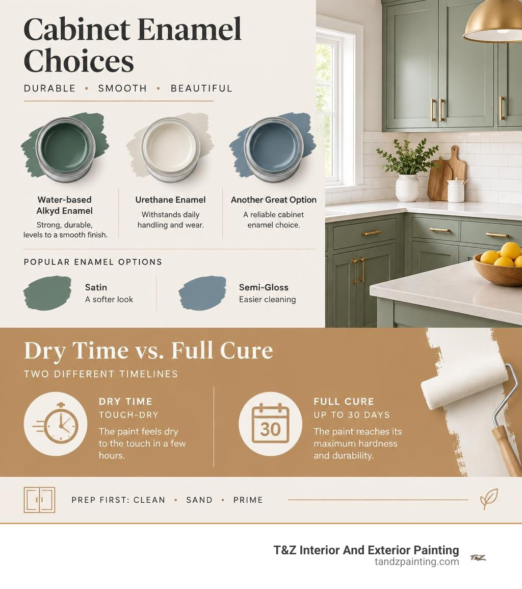 Cabinet enamel choices and the difference between dry time and a full cure of up to 30 days infographic Cabinet enamel choices and the difference between dry time and a full cure of up to 30 days infographic