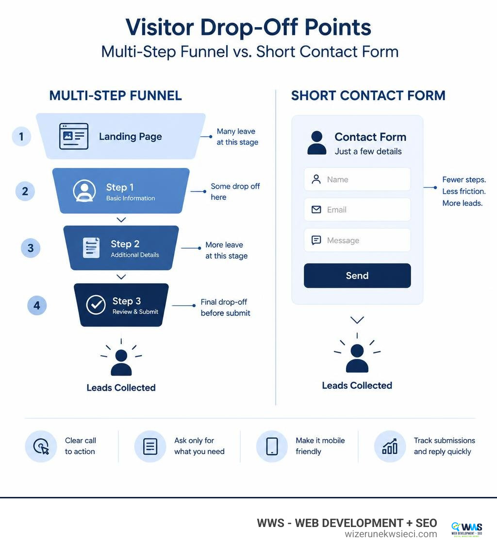 Comparison of visitor drop-off points in a multi-step funnel and a short contact form infographic Comparison of visitor drop-off points in a multi-step funnel and a short contact form infographic