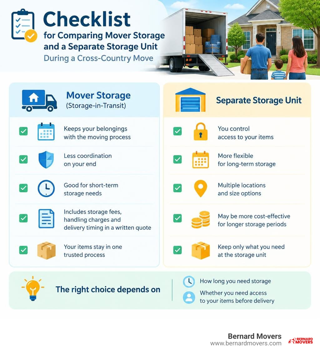 Checklist for comparing mover storage and a separate storage unit during a cross-country move infographic