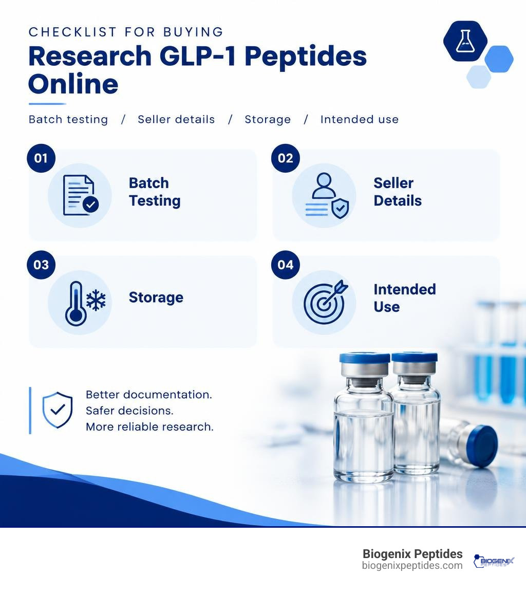 Checklist for buying research GLP-1 peptides online: batch testing, seller details, storage, and intended use infographic