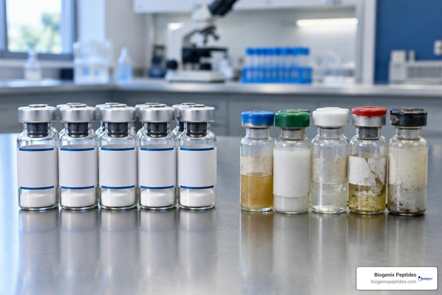 Authentic sealed peptide vials compared to unverified laboratory packaging