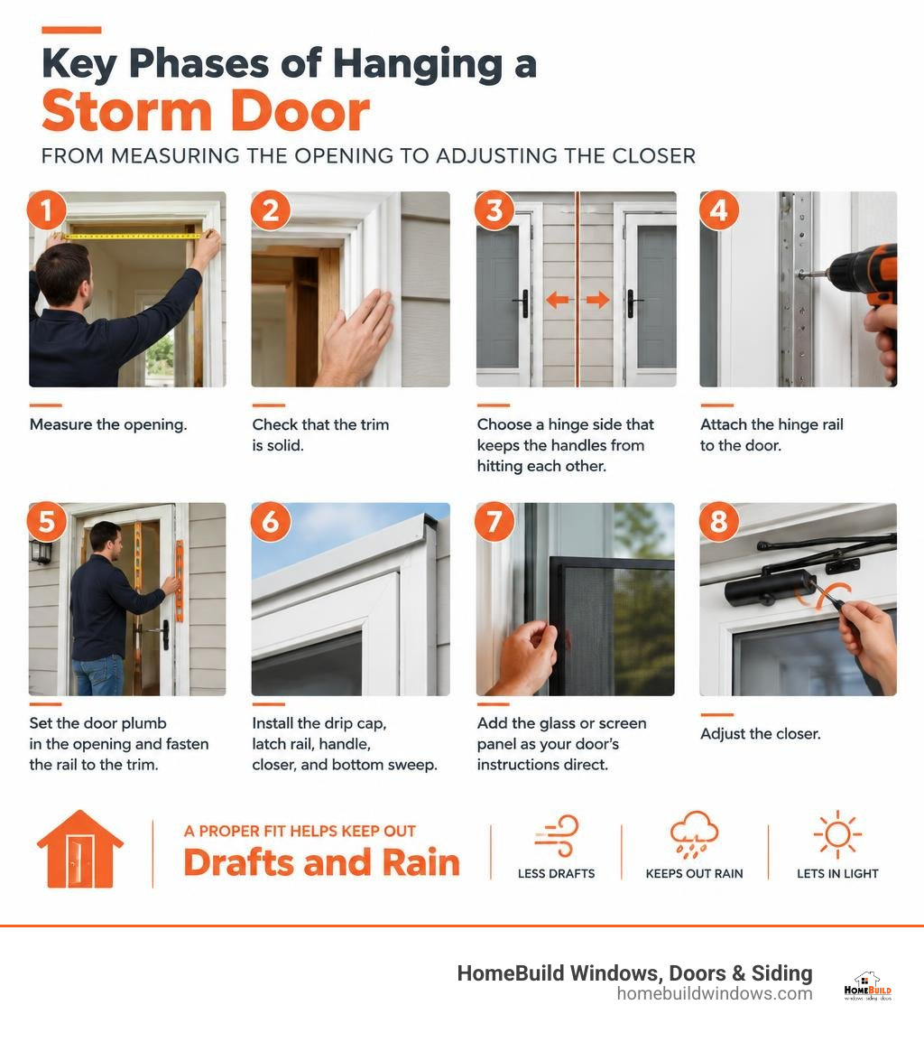 Key phases of hanging a storm door, from measuring the opening to adjusting the closer infographic