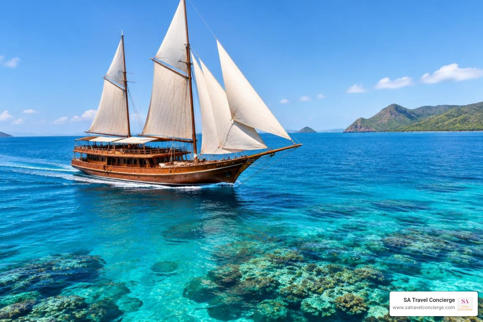 handcrafted wooden Phinisi yacht sailing pristine coral waters
