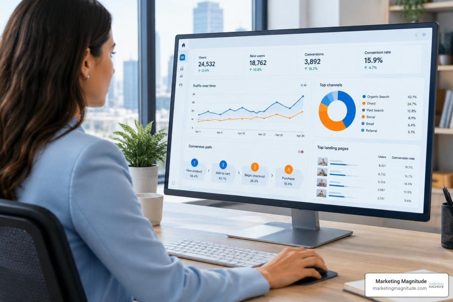 Customized GA4 dashboard focused on business KPIs and conversion paths Customized GA4 dashboard focused on business KPIs and conversion paths