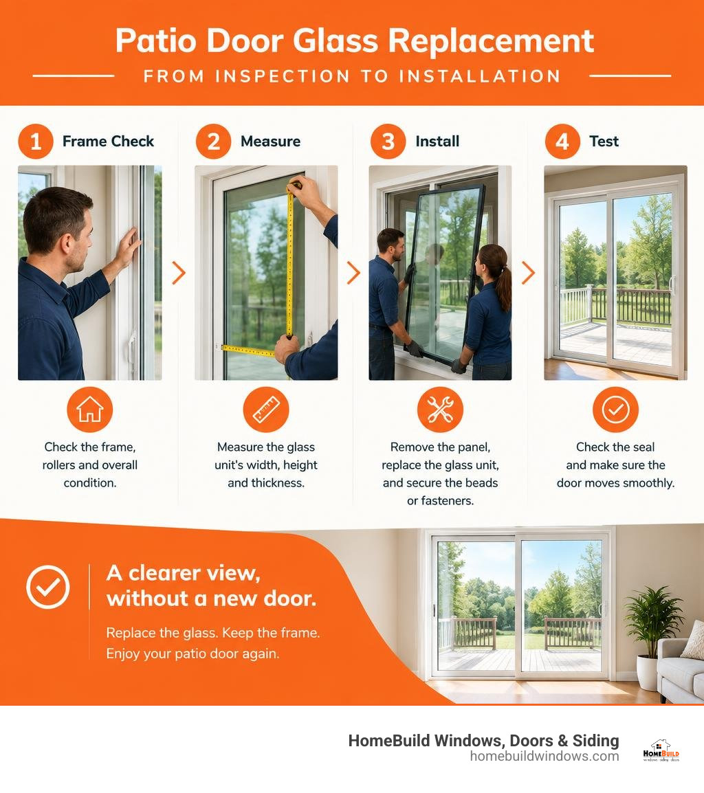 Patio door glass replacement steps from frame check and measurement to installation and testing infographic