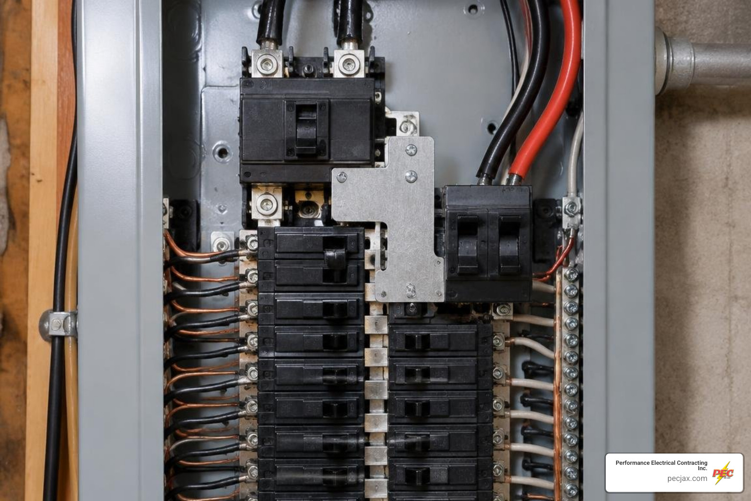 Mechanical interlock plate installed on a residential breaker panel Mechanical interlock plate installed on a residential breaker panel