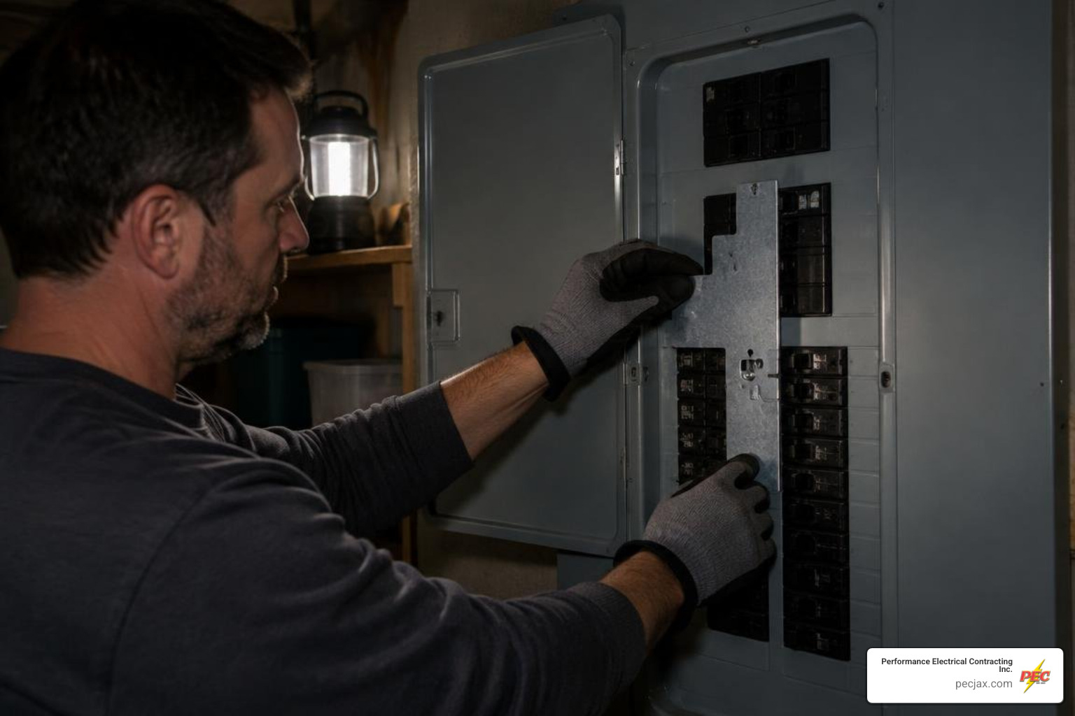 Homeowner safely operating an electrical panel interlock sequence during a power outage Homeowner safely operating an electrical panel interlock sequence during a power outage