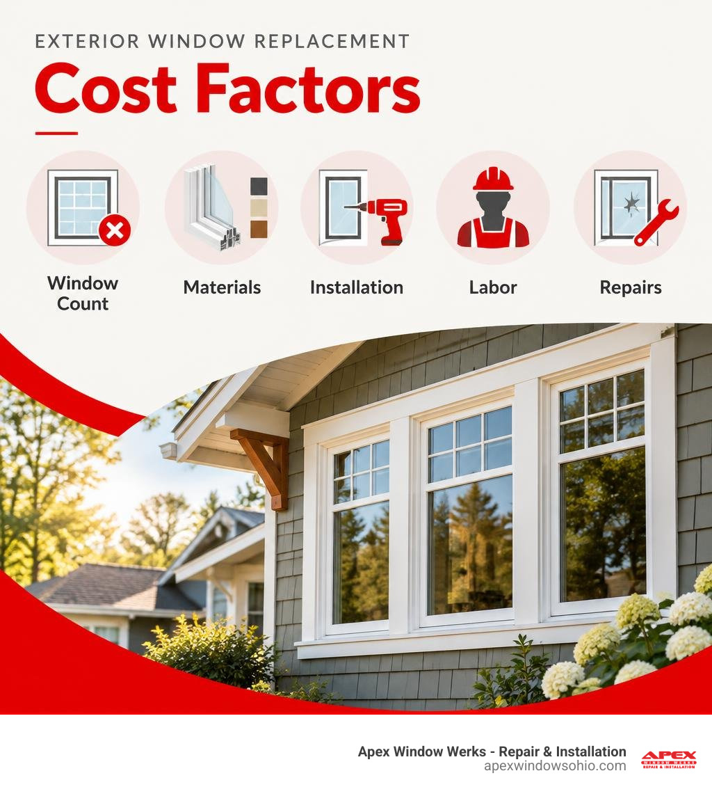 Exterior window replacement cost factors: window count, materials, installation, labor, and repairs infographic