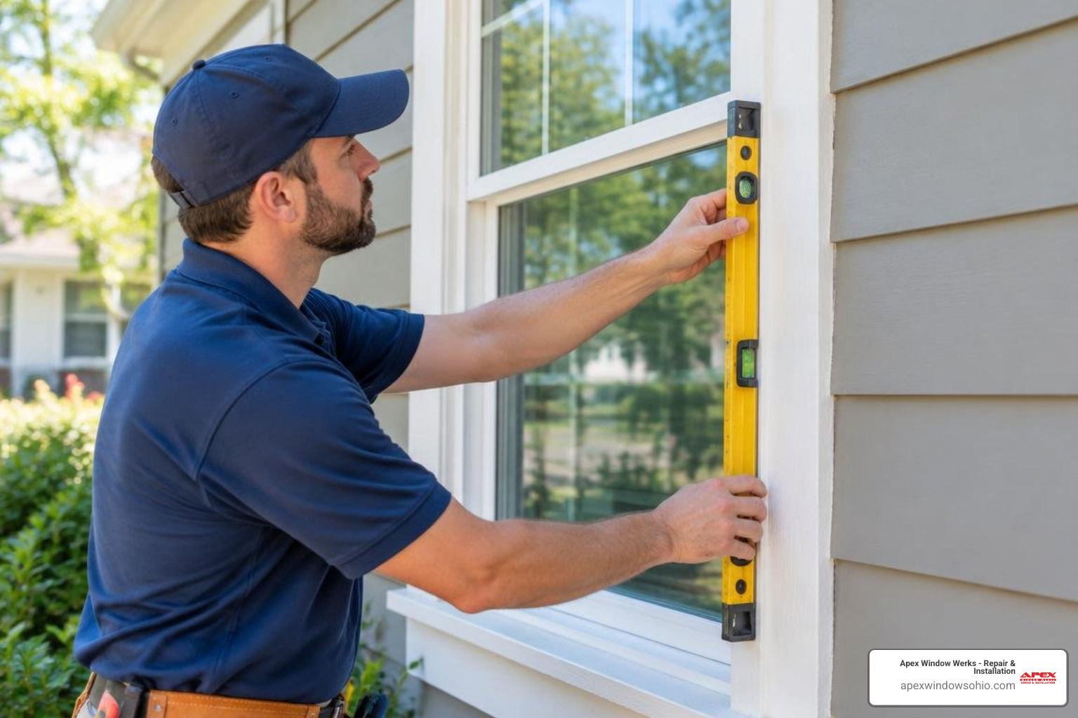 Professional window technician assessing a wooden frame and checking sash squareness