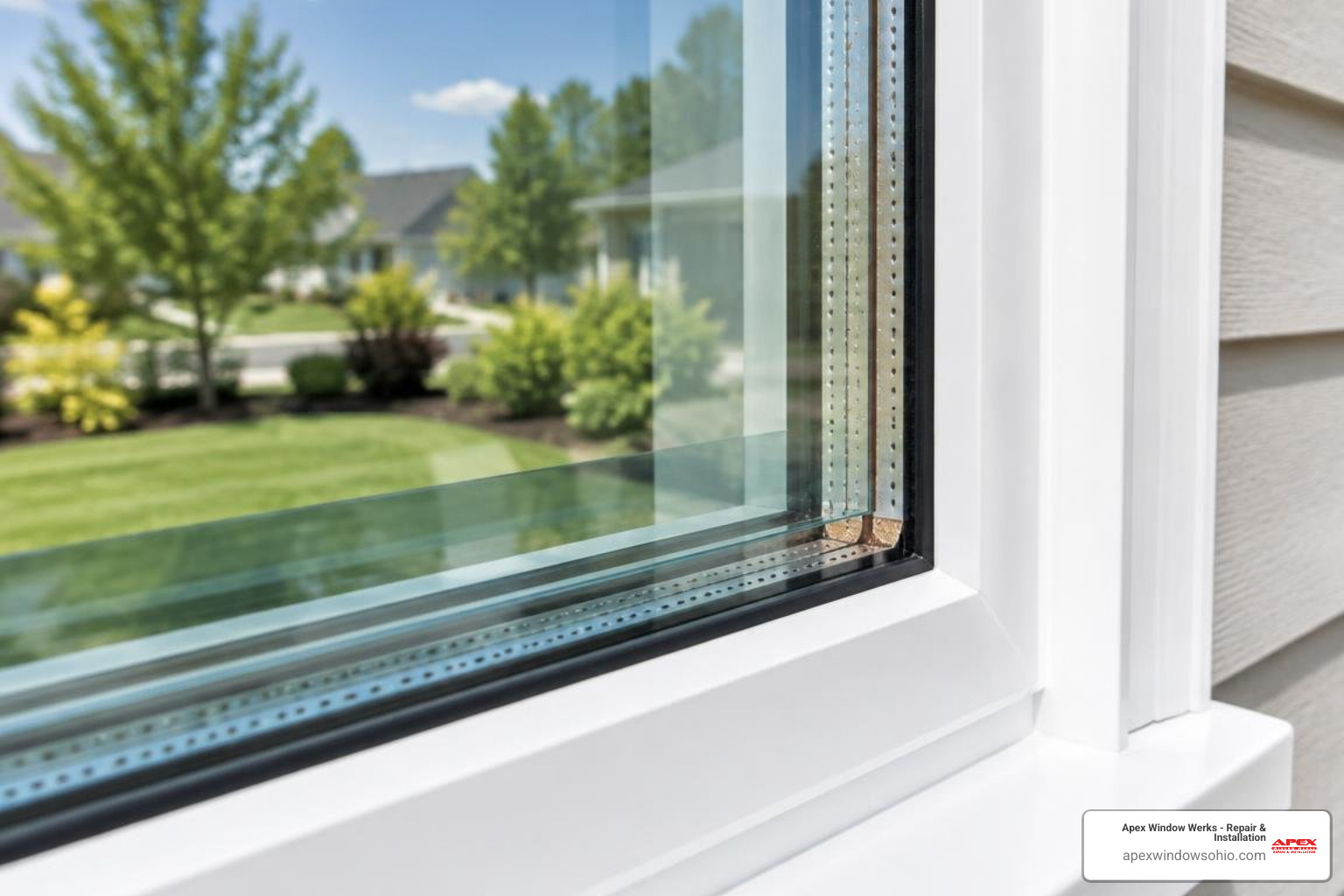 Close-up of double-pane insulated glass unit with low-E coating and warm-edge spacer