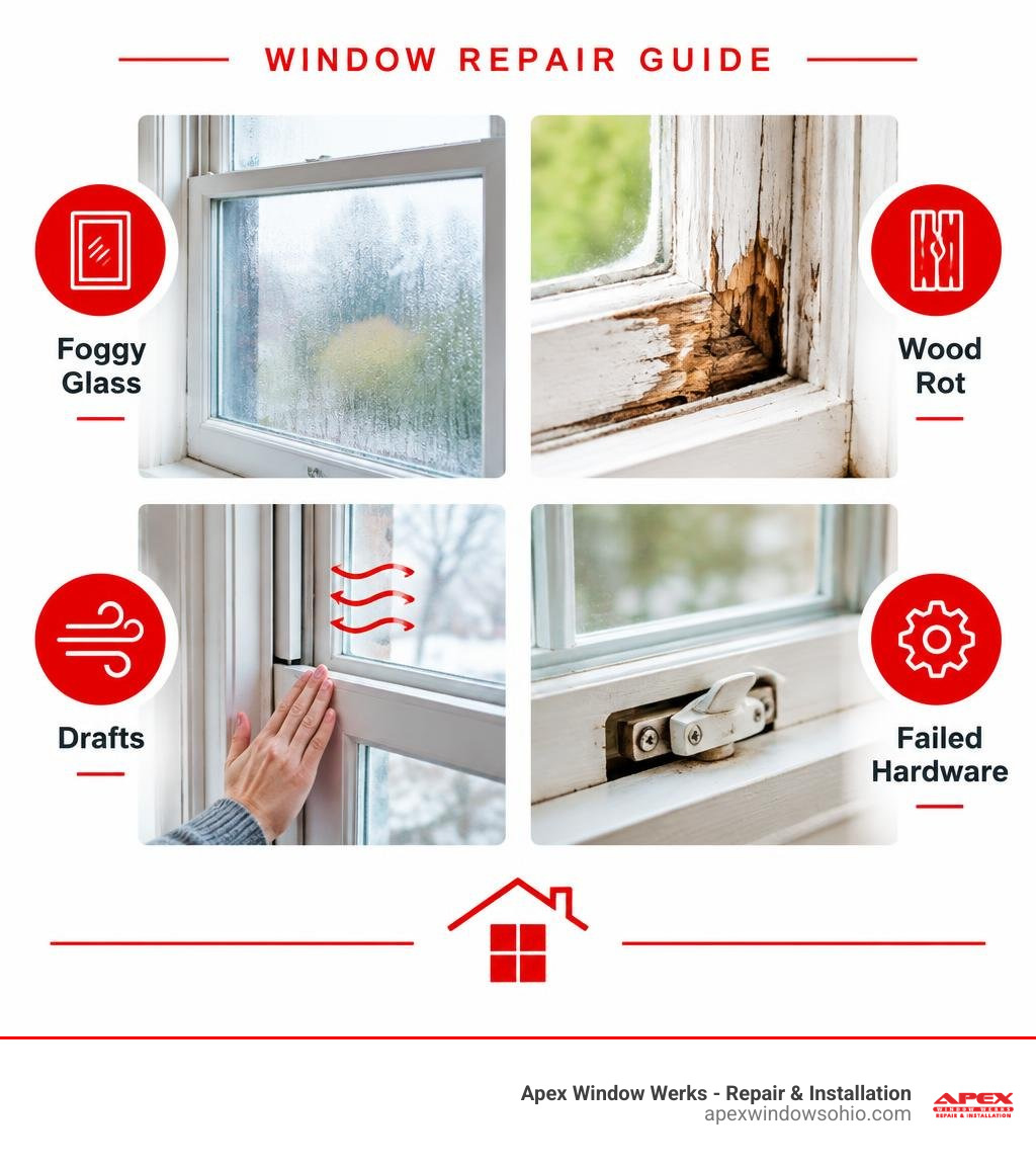 Window repair guide showing foggy glass, wood rot, drafts, and failed hardware infographic