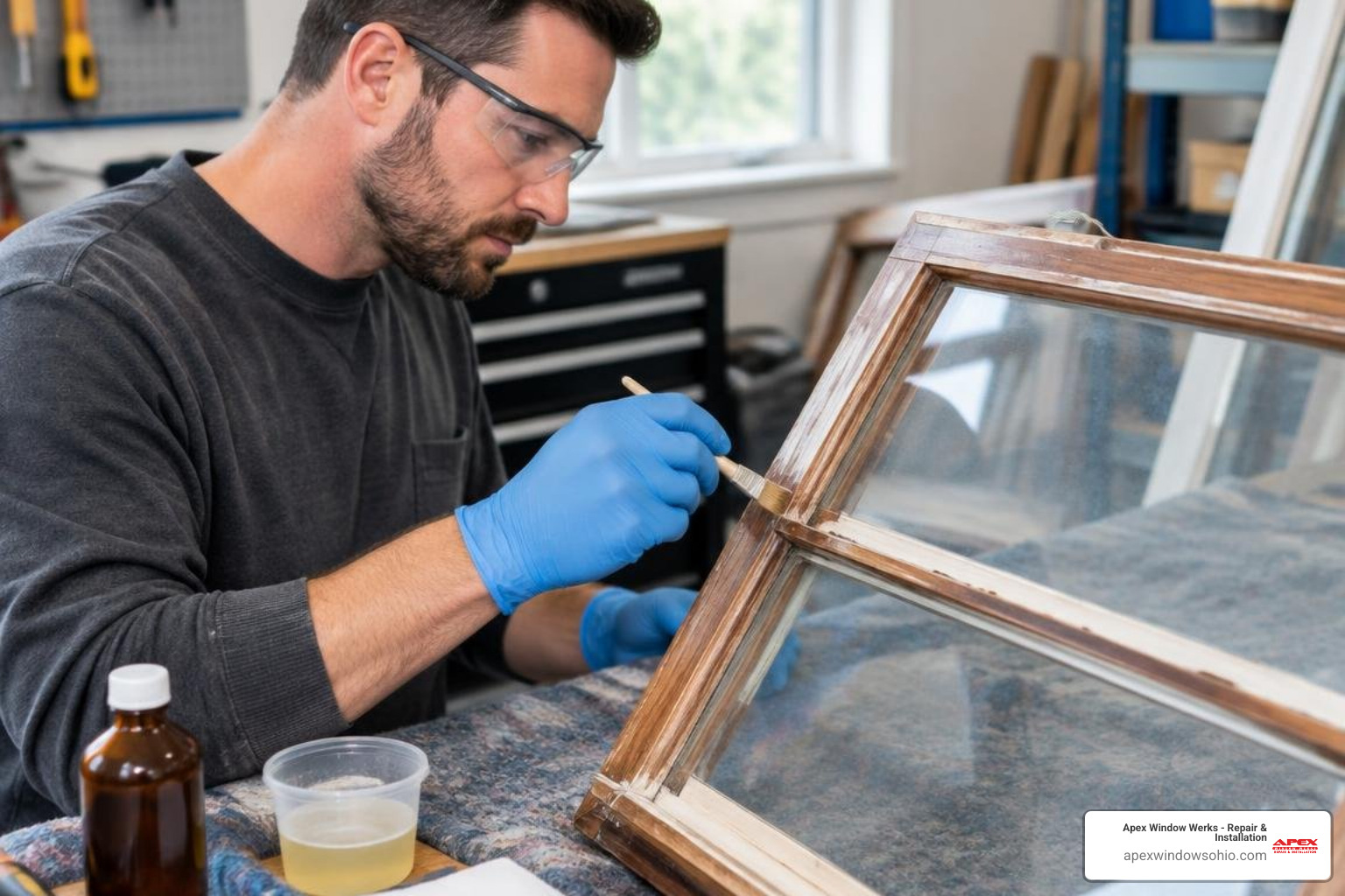 Technician applying wood epoxy consolidation to a double-hung sash