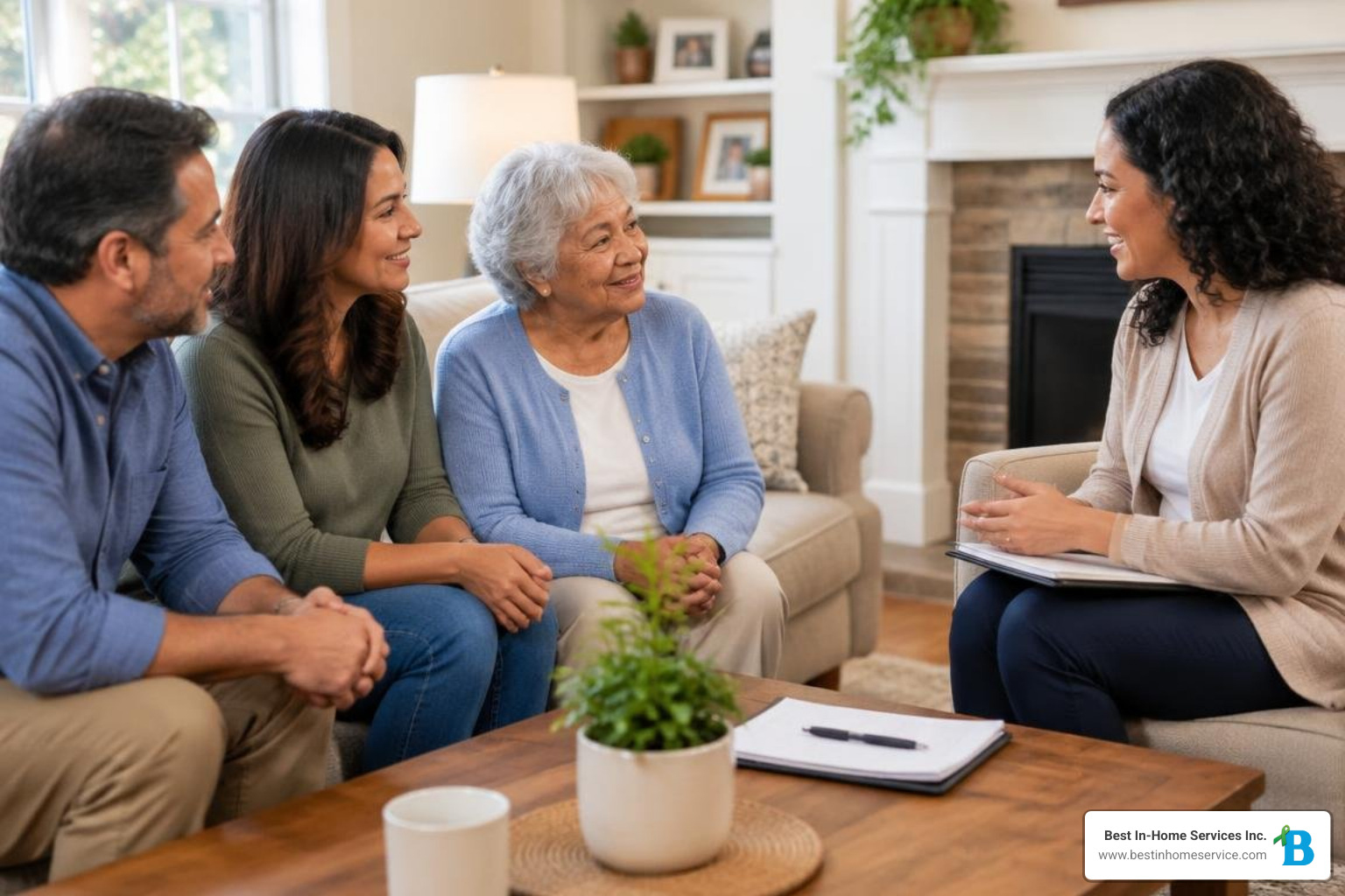 Family interviewing a caregiver during a home consultation