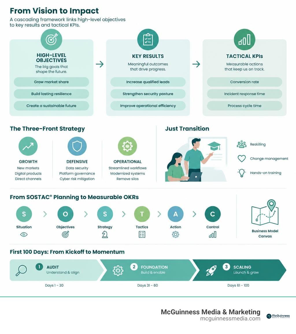 Cascading framework linking high-level objectives to key results and tactical KPIs infographic