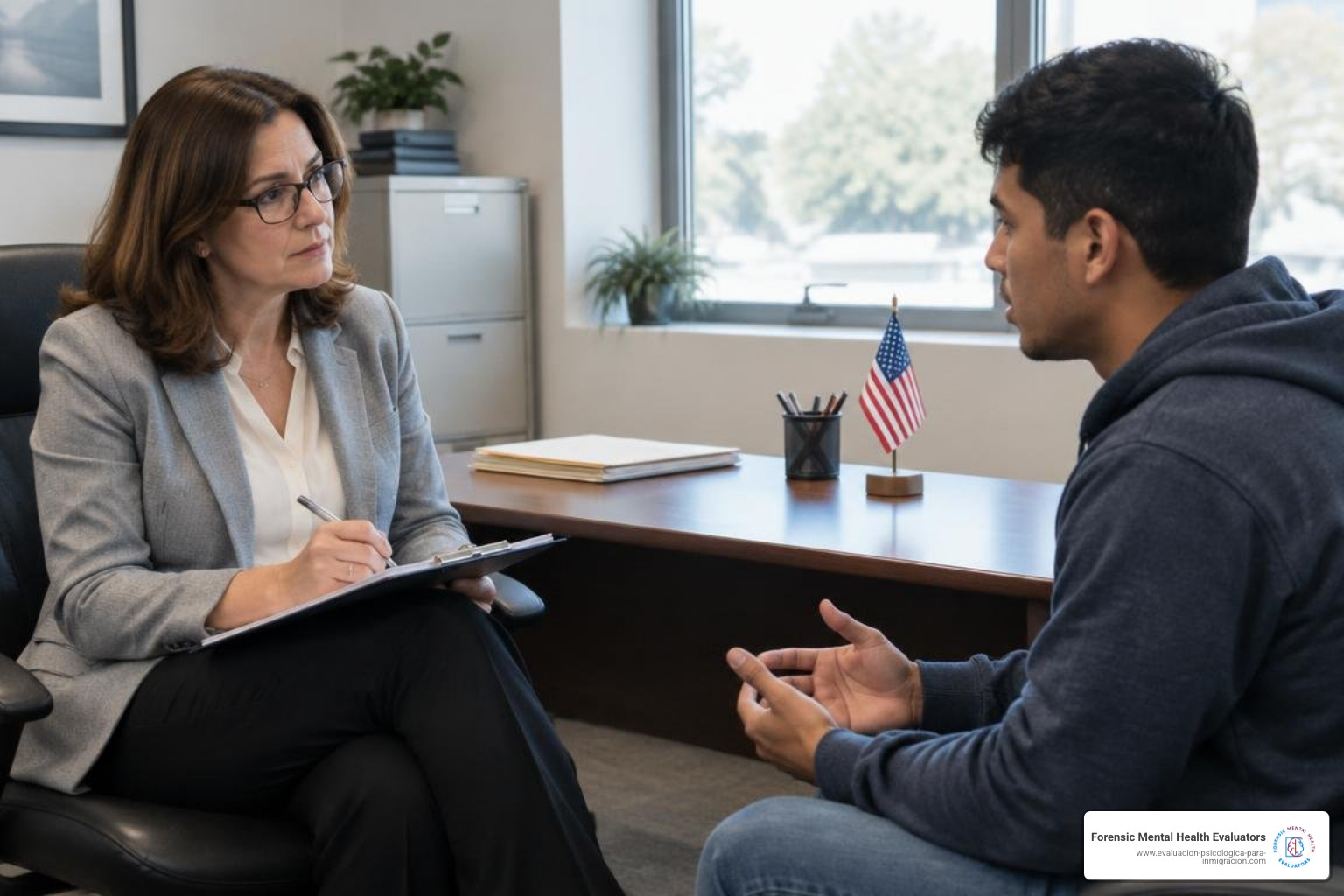 Psychologist conducting a clinical assessment for an asylum seeker Psychologist conducting a clinical assessment for an asylum seeker
