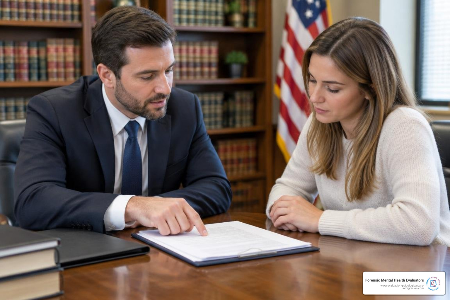 attorney and client reviewing clinical psychological evidence for court attorney and client reviewing clinical psychological evidence for court