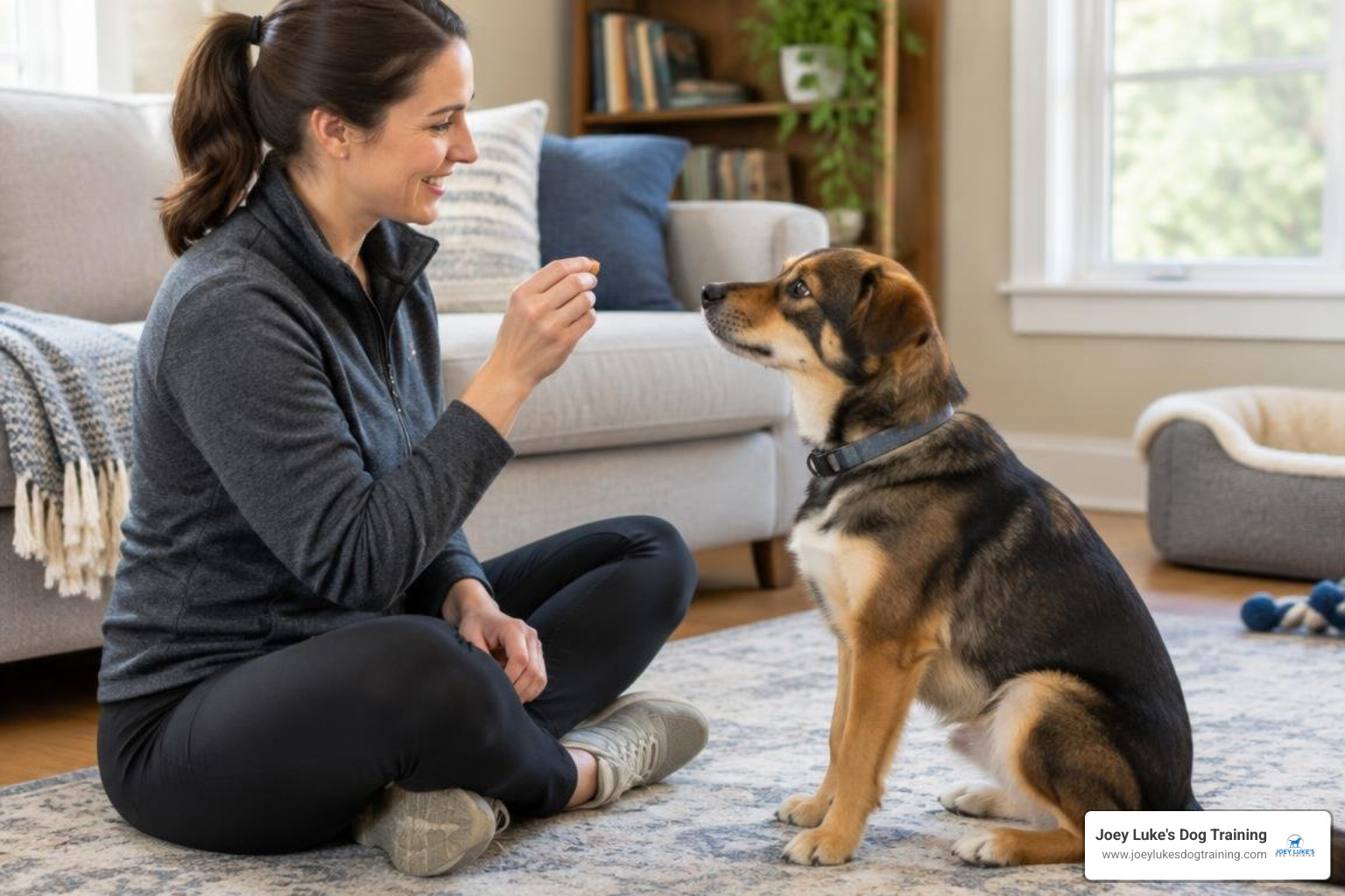 dog trainer working on obedience commands inside a home living room dog trainer working on obedience commands inside a home living room