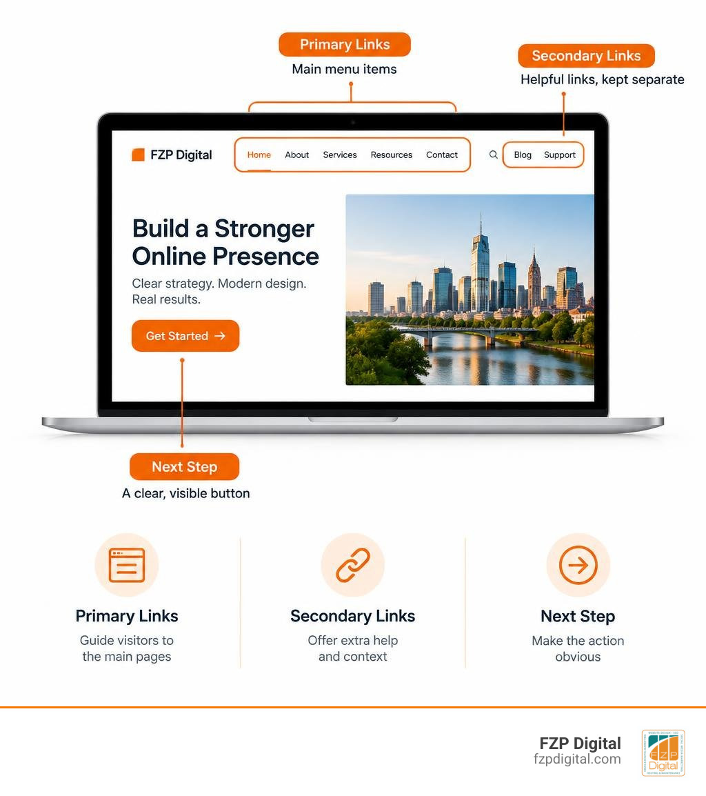Home page navigation infographic showing primary links, secondary links, and a clear next-step button infographic Home page navigation infographic showing primary links, secondary links, and a clear next-step button infographic