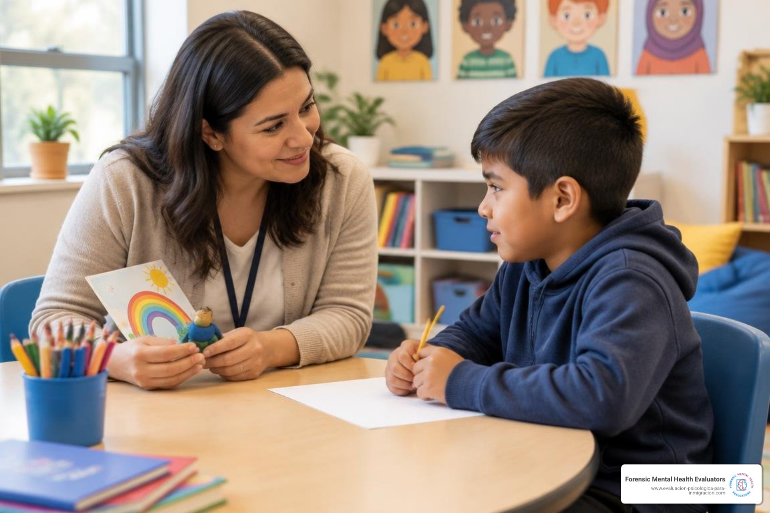 Supportive school counselor working with an immigrant student in a trauma-informed classroom setting Supportive school counselor working with an immigrant student in a trauma-informed classroom setting