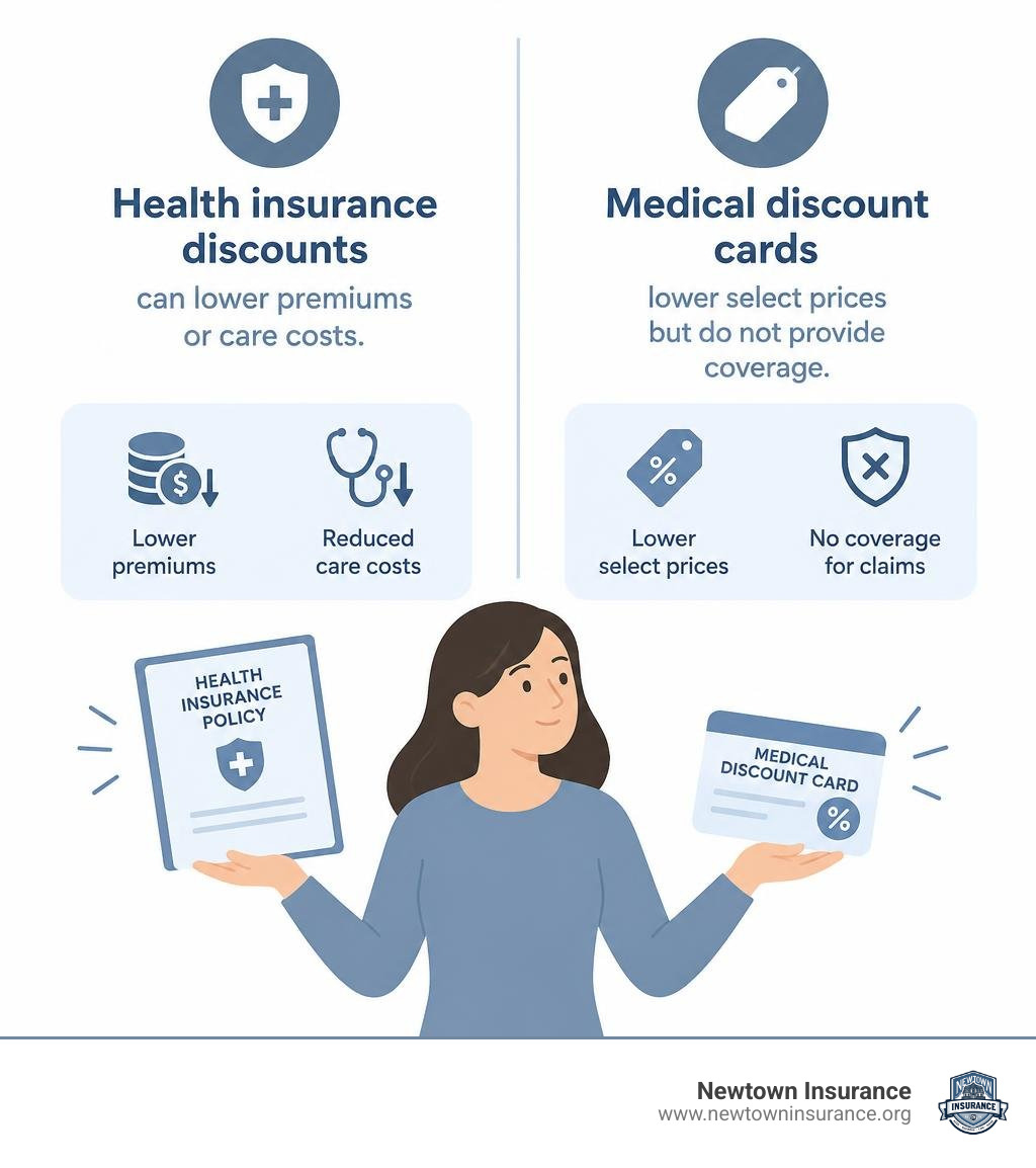 Health insurance discounts can lower premiums or care costs; medical discount cards lower select prices but do not provide