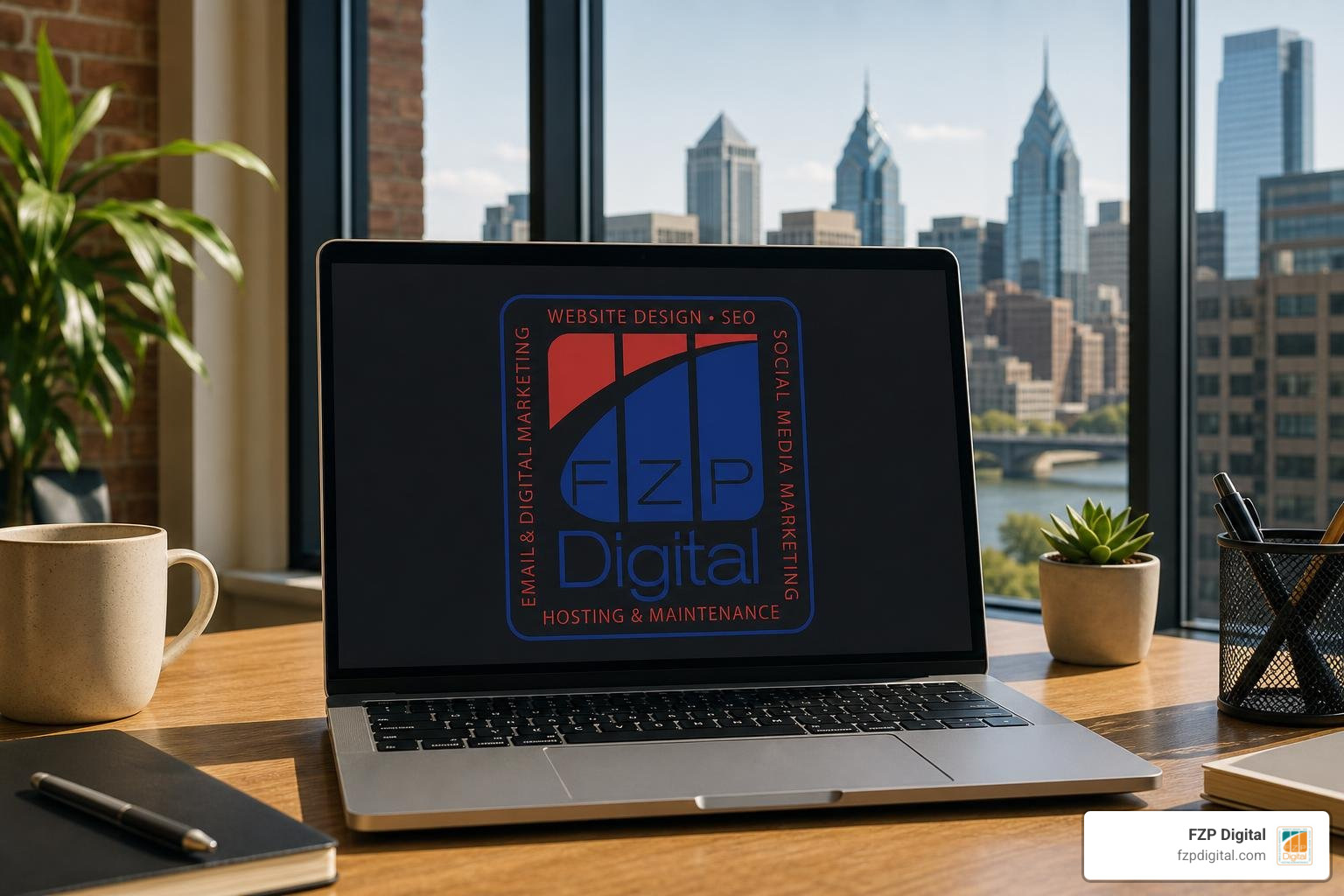 Photorealistic website navigation on a laptop in Philadelphia with FZP Digital logo, no people Photorealistic website navigation on a laptop in Philadelphia with FZP Digital logo, no people