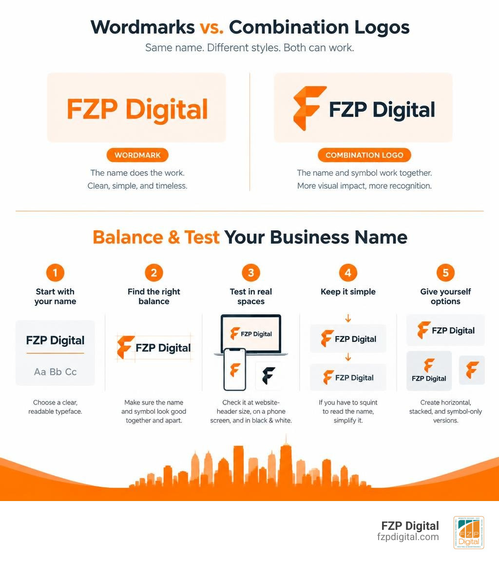 Infographic comparing wordmarks and combination logos, with steps to balance and test a business name infographic Infographic comparing wordmarks and combination logos, with steps to balance and test a business name infographic