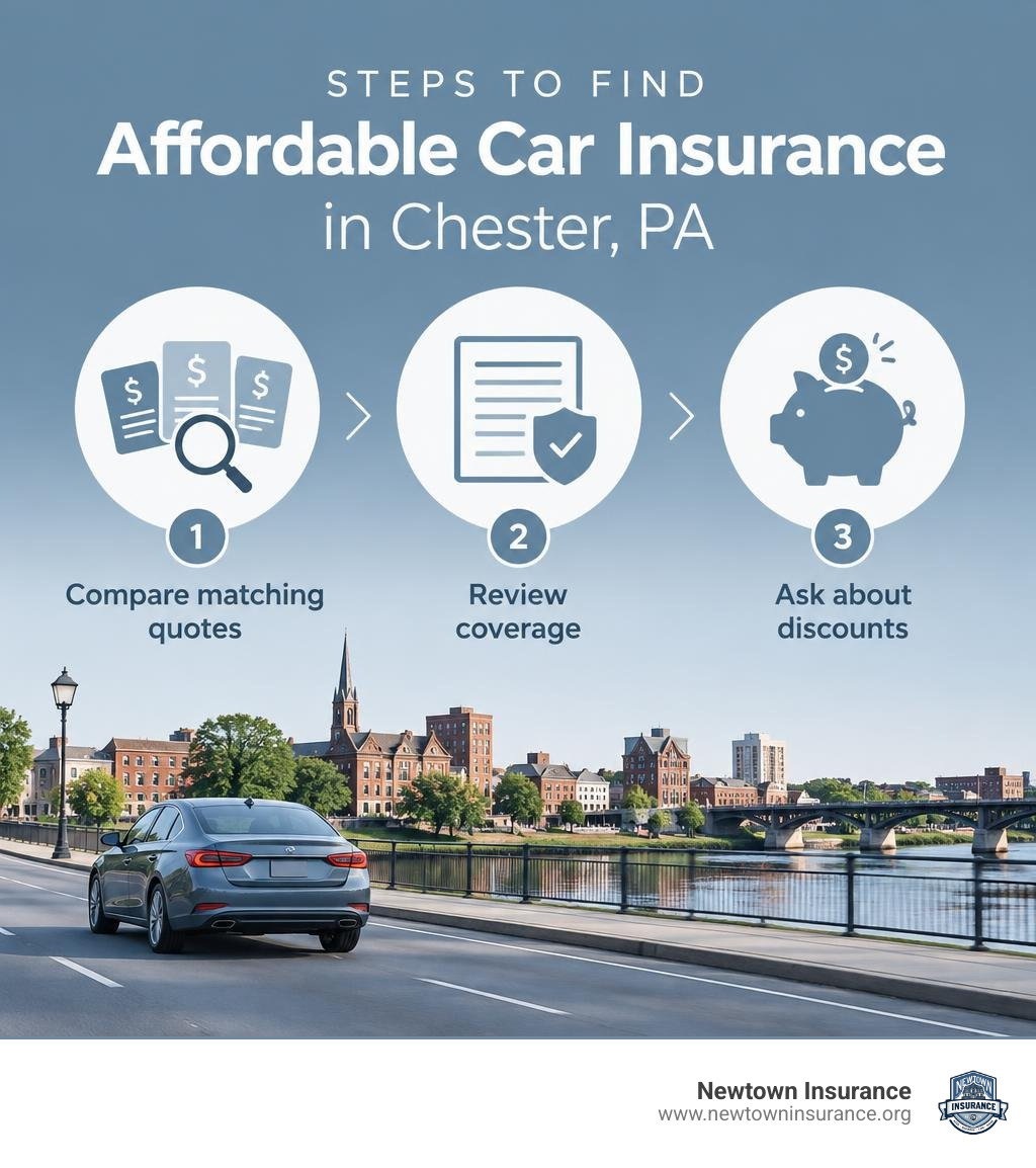Steps to find affordable car insurance in Chester PA: compare matching quotes, review coverage, ask about discounts Steps to find affordable car insurance in Chester PA: compare matching quotes, review coverage, ask about discounts