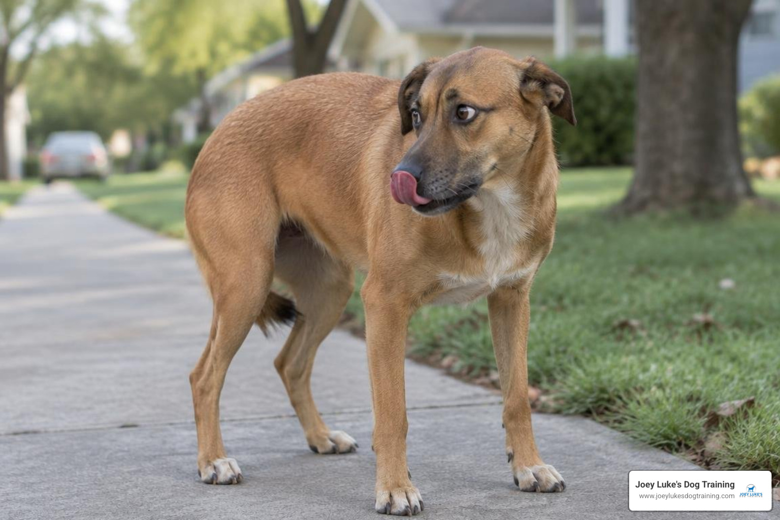 dog showing subtle stress signals like lip licking and body stiffening dog showing subtle stress signals like lip licking and body stiffening