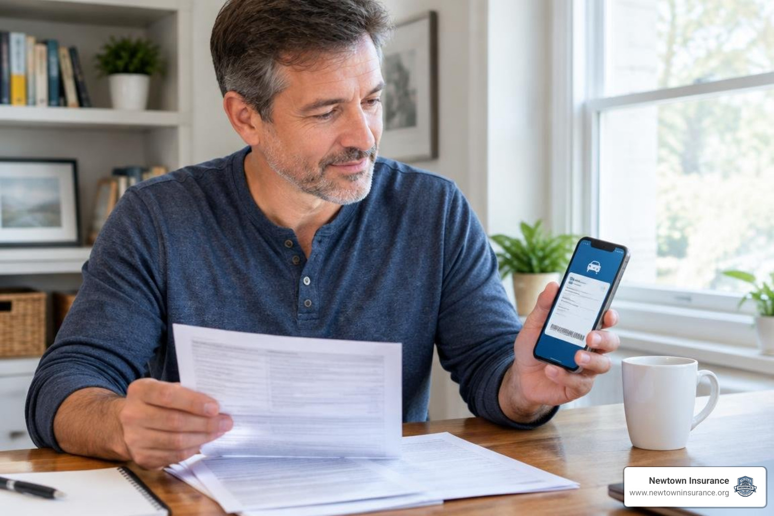 driver reviewing policy paperwork and digital insurance card driver reviewing policy paperwork and digital insurance card