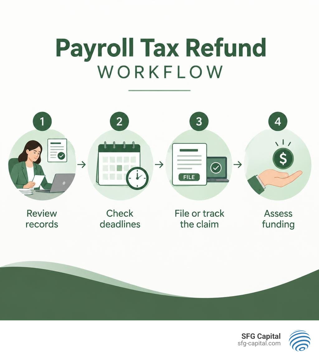 Payroll tax refund workflow: review records, check deadlines, file or track the claim, assess funding infographic Payroll tax refund workflow: review records, check deadlines, file or track the claim, assess funding infographic