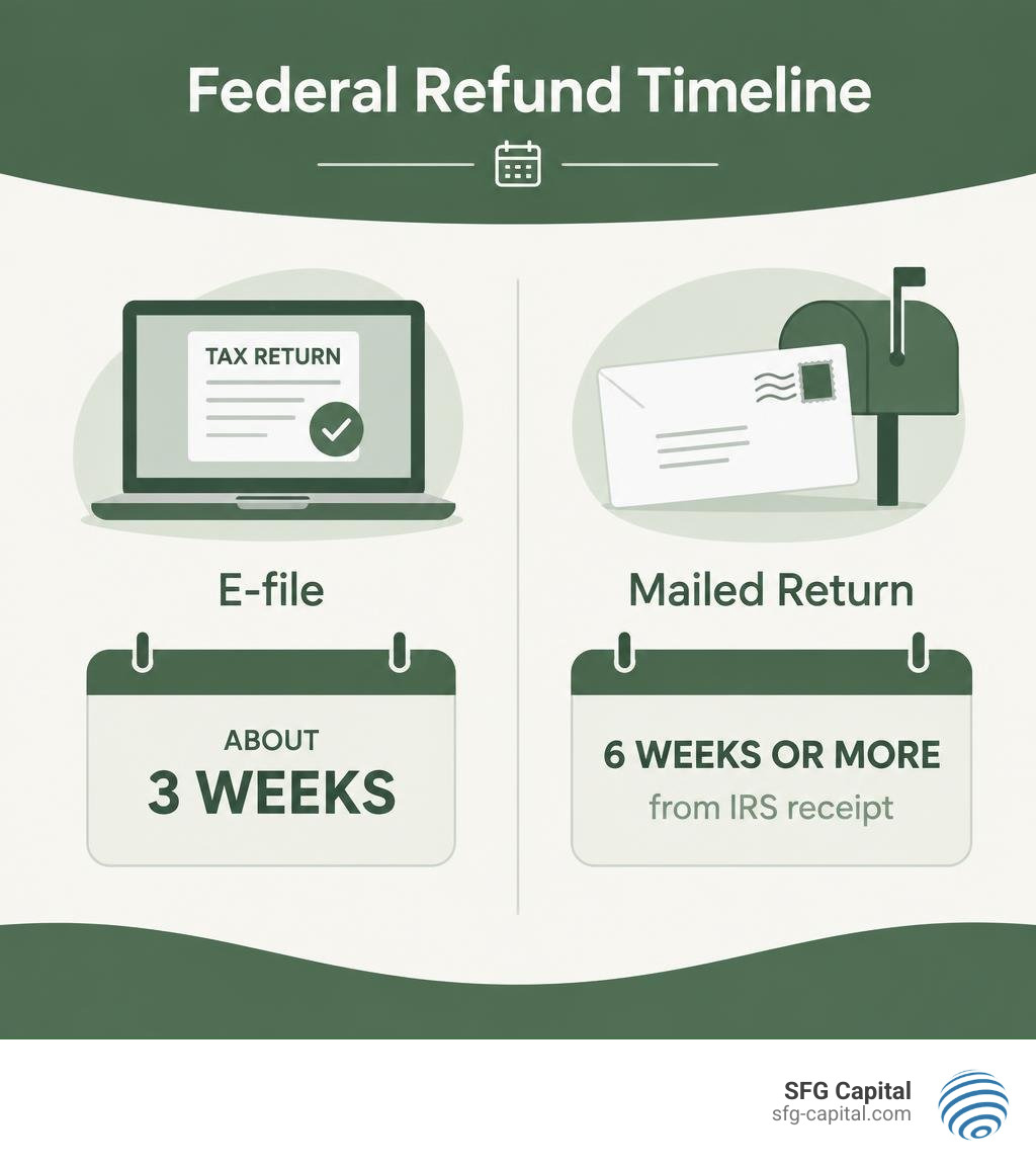 Federal refund timeline: e-file about three weeks; mailed return six weeks or more from IRS receipt infographic