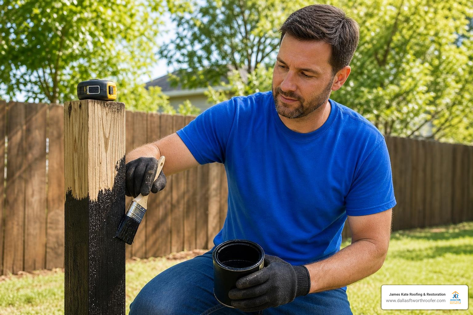 DIY fence post application using a brush and measuring tape DIY fence post application using a brush and measuring tape